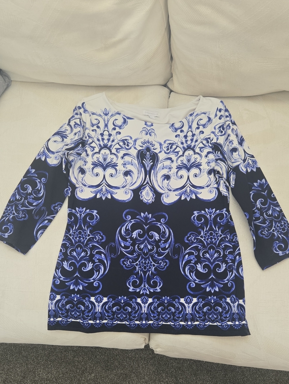 Charter Club Black, White & Royal Blue Scroll-Print Boatneck Top